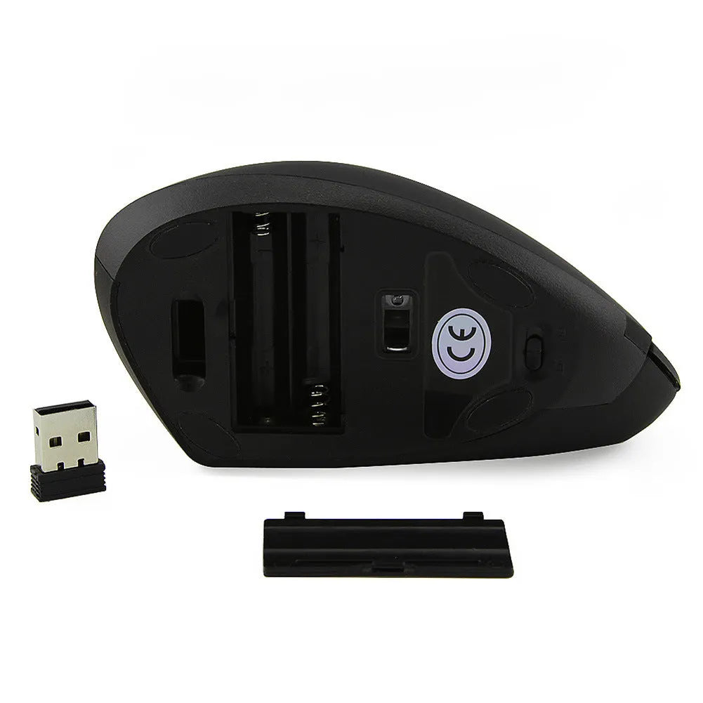 Vertical Vertical wired optical mouse in black with USB cable, six buttons, and four-way wheel on a laptop desk