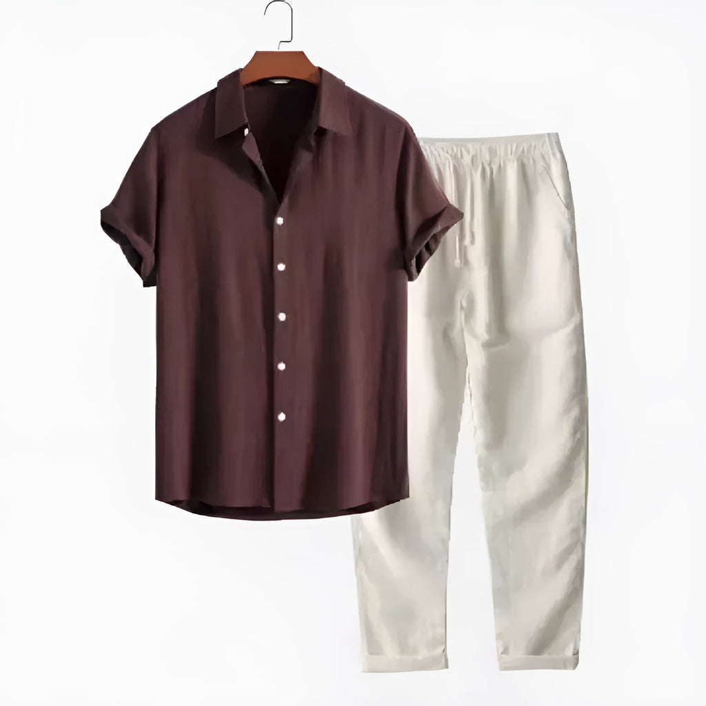 Men's casual linen-look polyester shirt and pants set in various colours, showing loose fit and coordinated styling