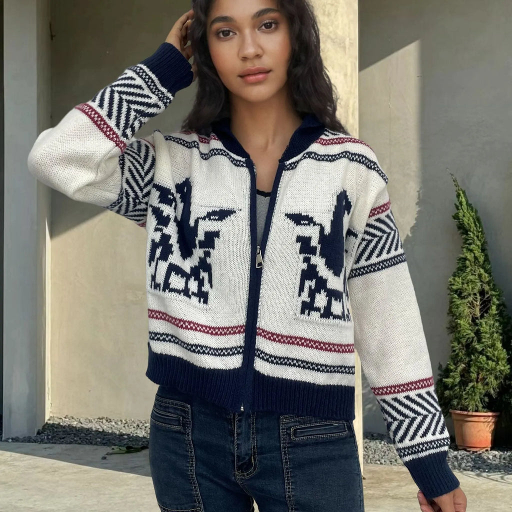 White women's short zip cardigan with lapel collar and contrast jacquard stripe pattern.