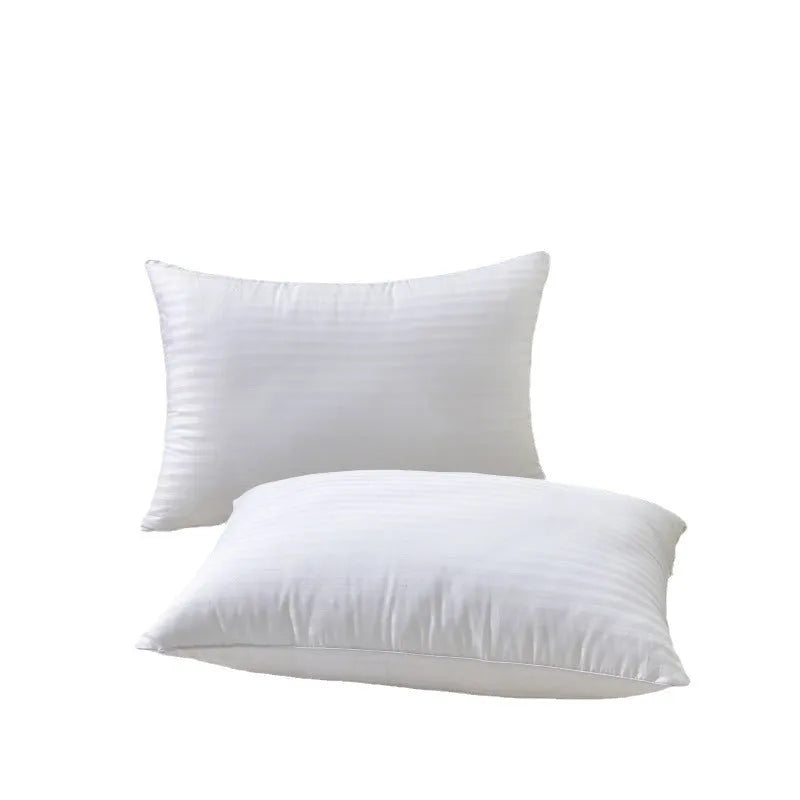 White hotel cotton satin stripe pillow core with feather and cotton filler shown in three size options.
