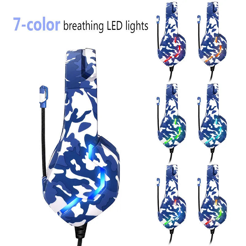 Eat Chicken wired gaming headset with cloth earmuffs and braided cable in camouflage blue.