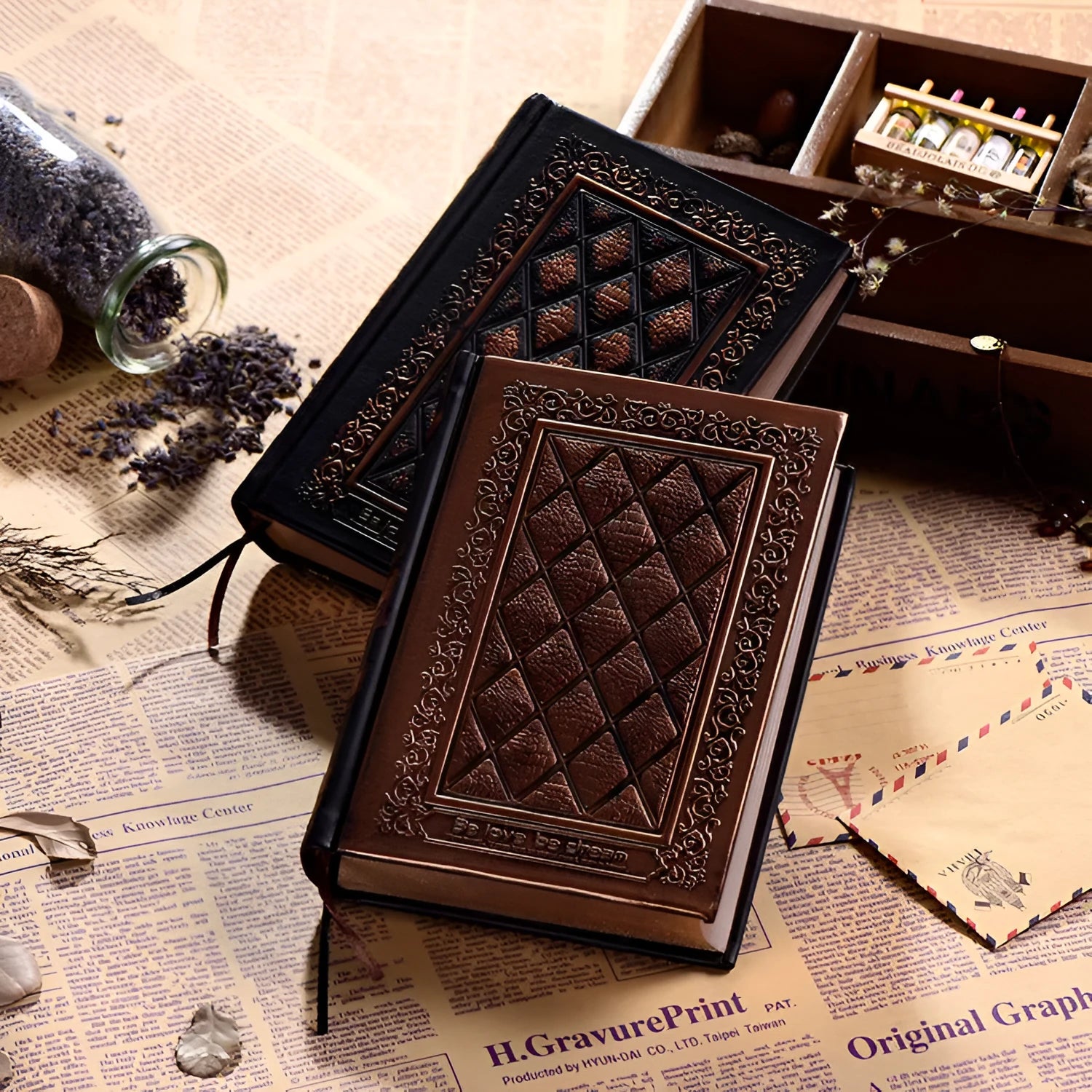 Embossed faux leather notepad with three-dimensional textured cover in bronze colour option