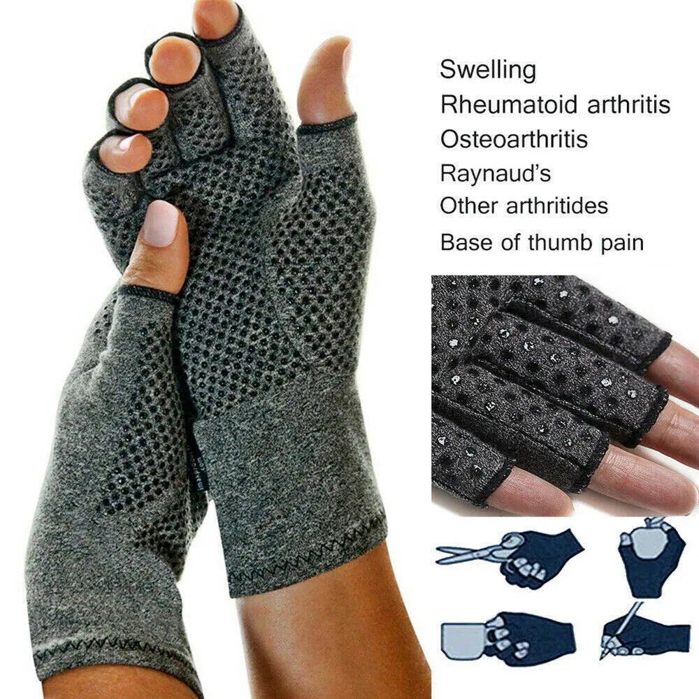 Grey half finger compression gloves with anti-slip grip on palm