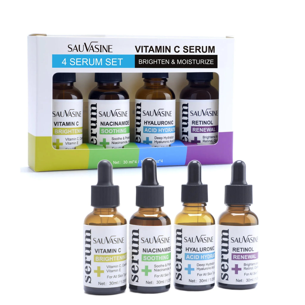Vitamin C skin care 4-piece set with four 30ml facial essence bottles for pore reduction