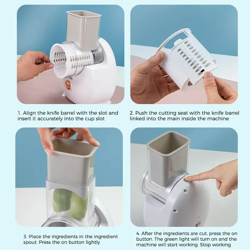 White electric vegetable slicer with rotary grater and suction base on kitchen counter