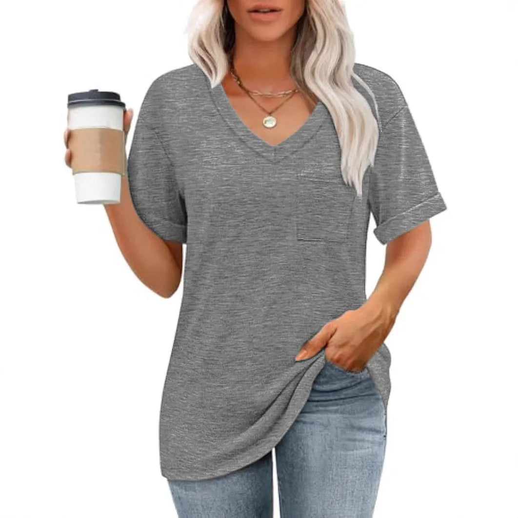 Grey loose fit V-neck t-shirt with chest pocket in casual polyester fabric
