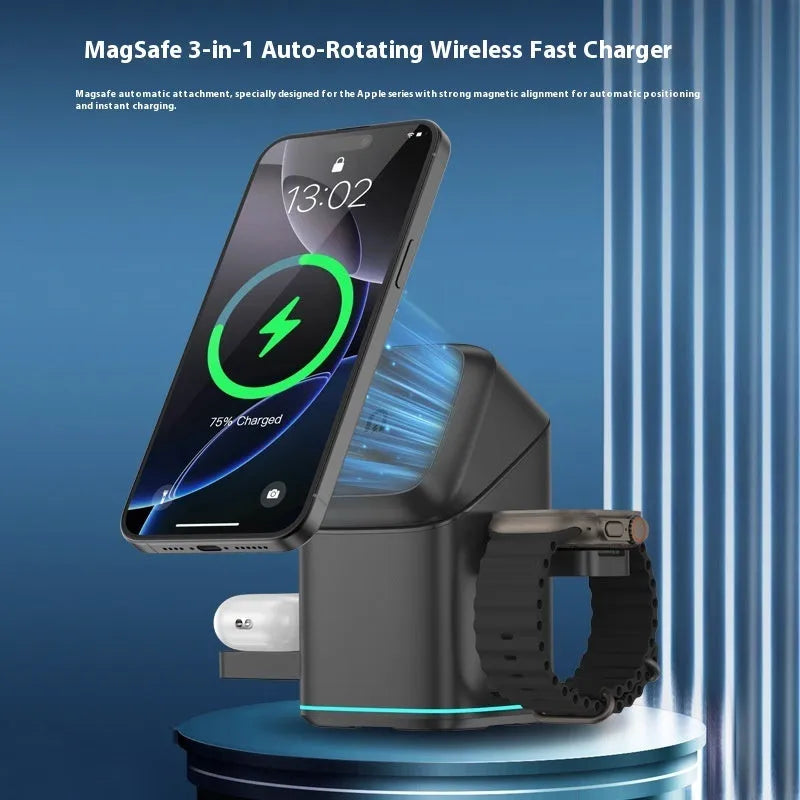 Black magnetic wireless phone charging stand showing 180-degree rotation adjustment.