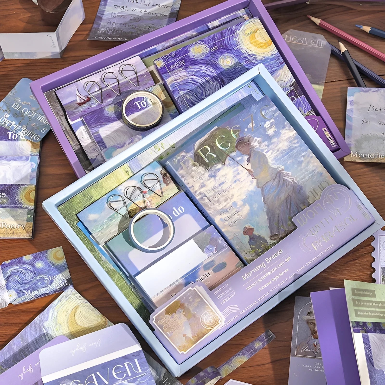 Creative journal gift box showing A6 plaid grid notebook with cards, envelopes, sticky notes, and paper craft accessories