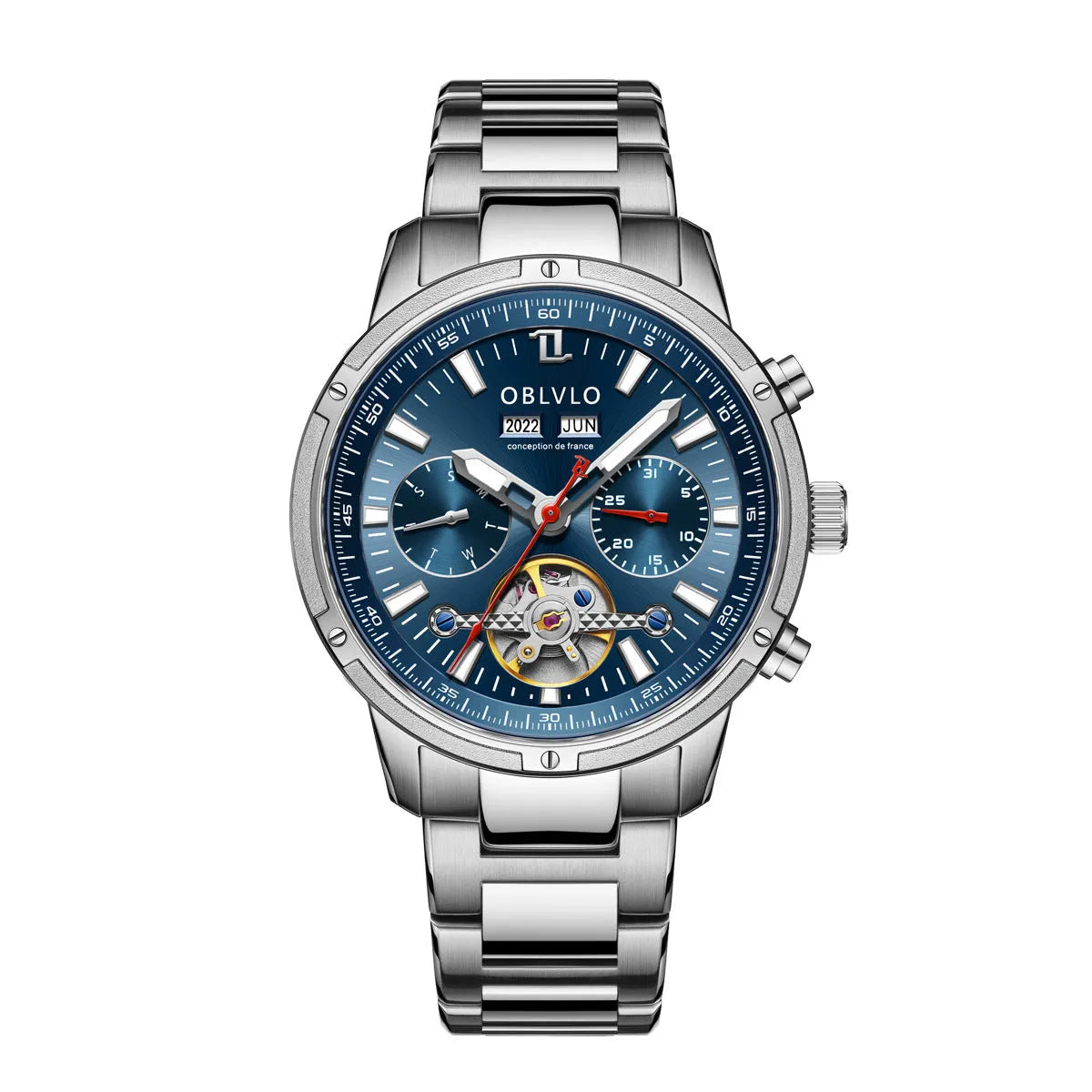 Men's multi-functional hollowed fashion watch with date display, steel strap, silver blue colour