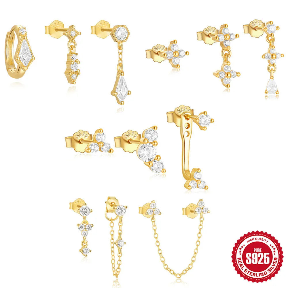 Three pairs of women's geometric zircon tassel earrings in sterling silver with gold colour variations