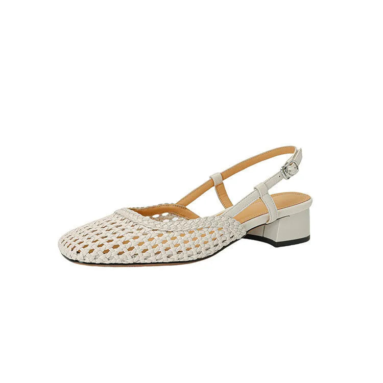 Women's woven hollow-out closed toe sandals with chunky heel and buckle fastening in black or beige