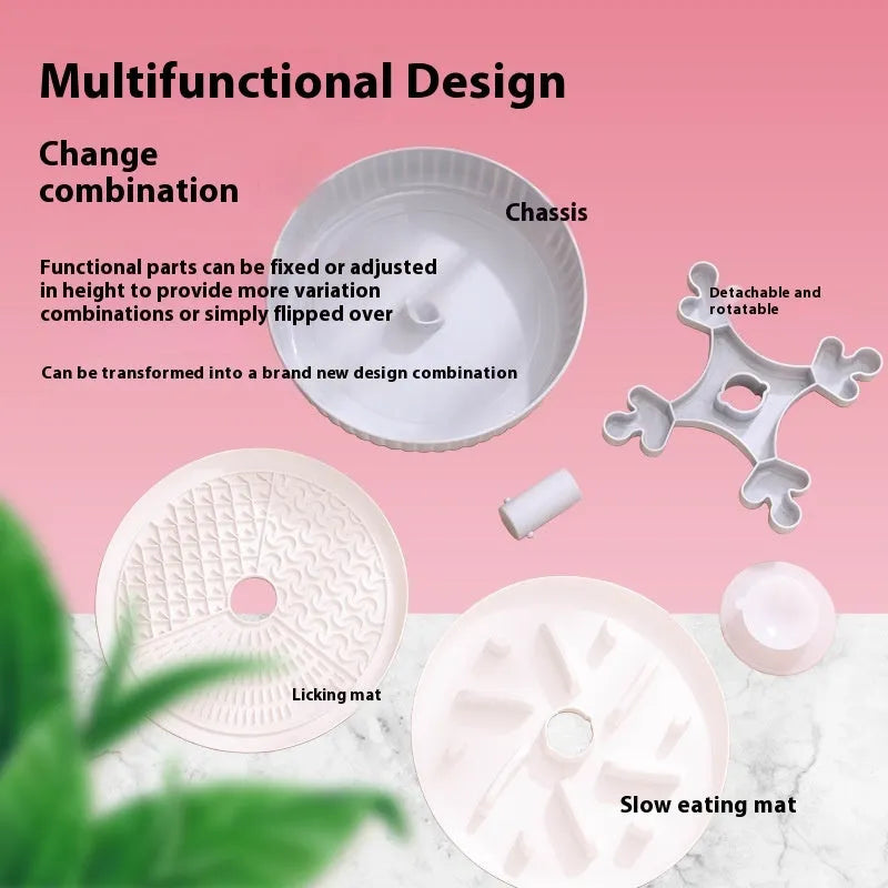 Pet slow feeder bowl with rotating game board design and silicone feeding pads in windmill pattern