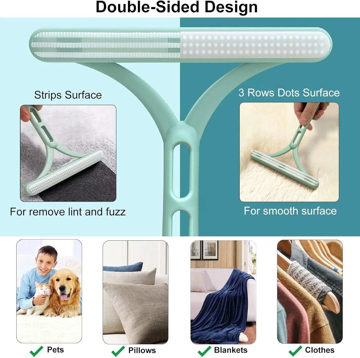 Three-piece pet hair remover set showing metal scraper, silicone brush, and round cleaner for household surfaces