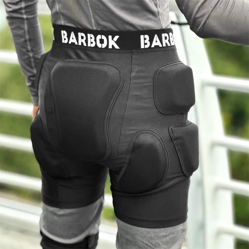 Black spandex hip protection pad with protective foam for skating and skiing.