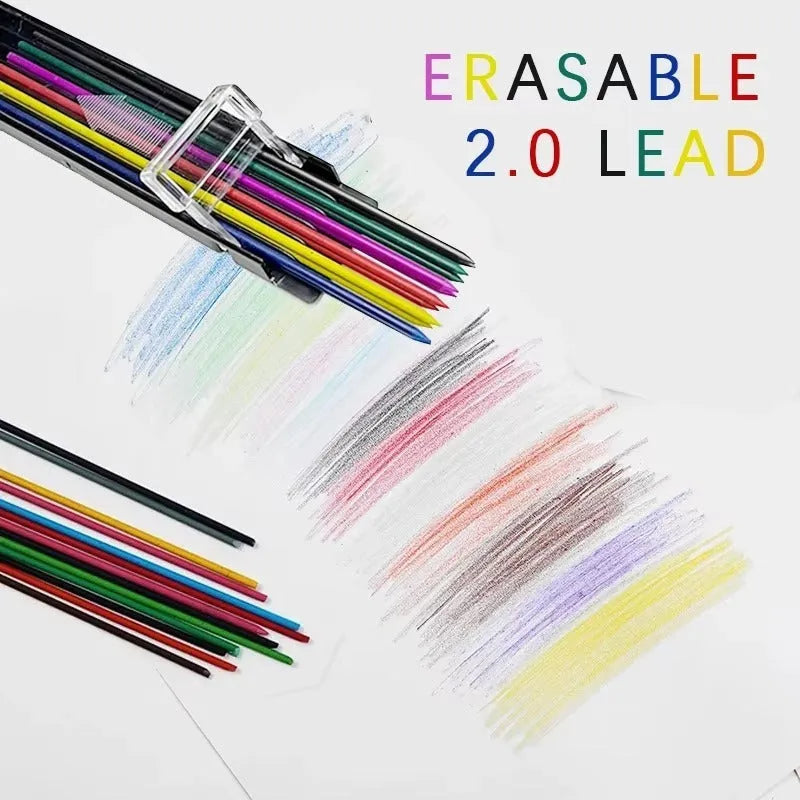 Plastic case containing 12 pieces of 0.5mm erasable mechanical pencil lead refills in rainbow and standard colours