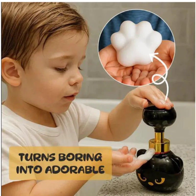 Black cartoon cat-shaped plastic foam soap dispenser measuring 10 by 18 centimetres