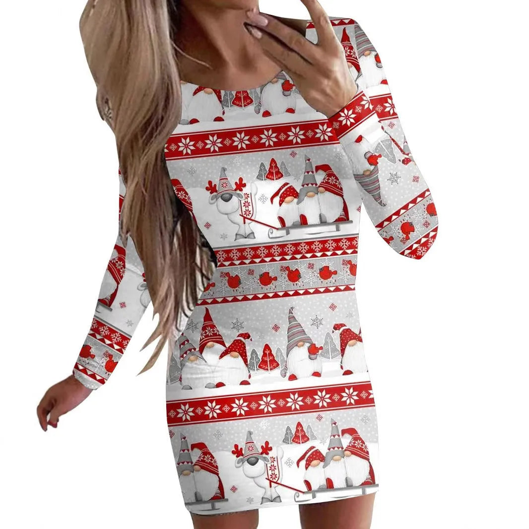 Red Christmas dress with animal print pattern, round neck, long sleeves, and a short tight-fitting hip skirt.