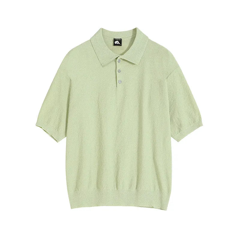 Men's retro knitted polo shirt with asymmetric design in caramel colour, short sleeves, loose fit