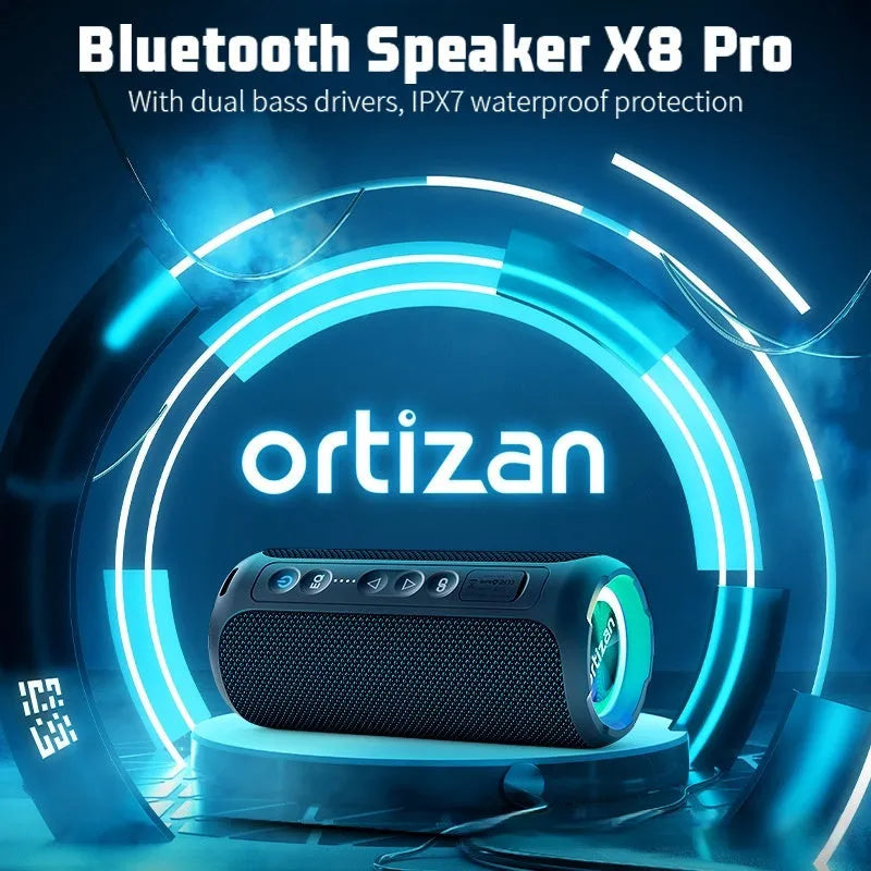 Black and blue fabric wireless Bluetooth speaker with 40W power and built-in lighting effects.