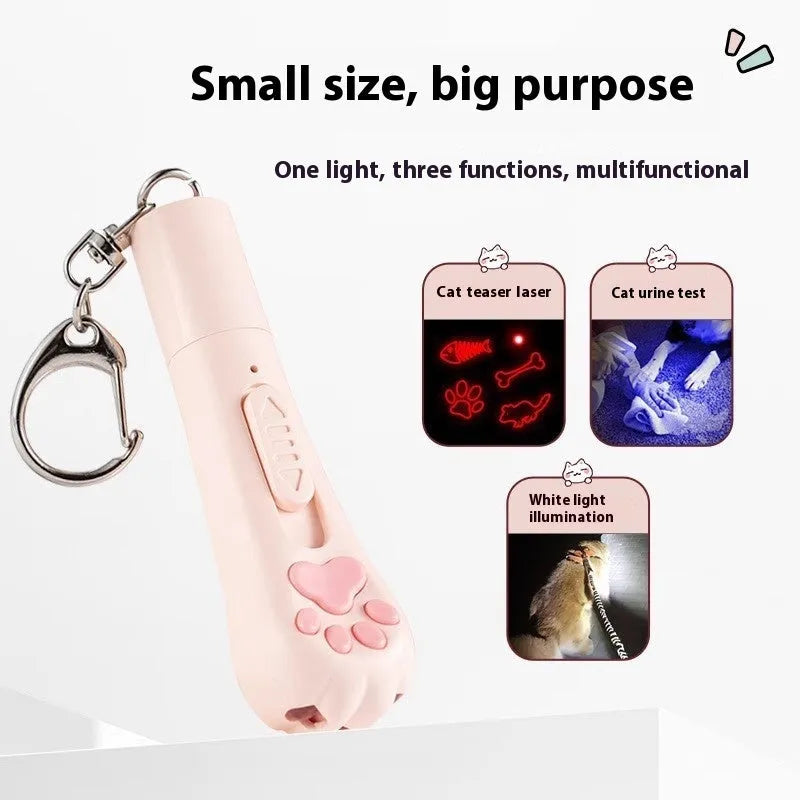 Handheld cat teaser toy with pen light feature in cream white, pink or blue colour options.