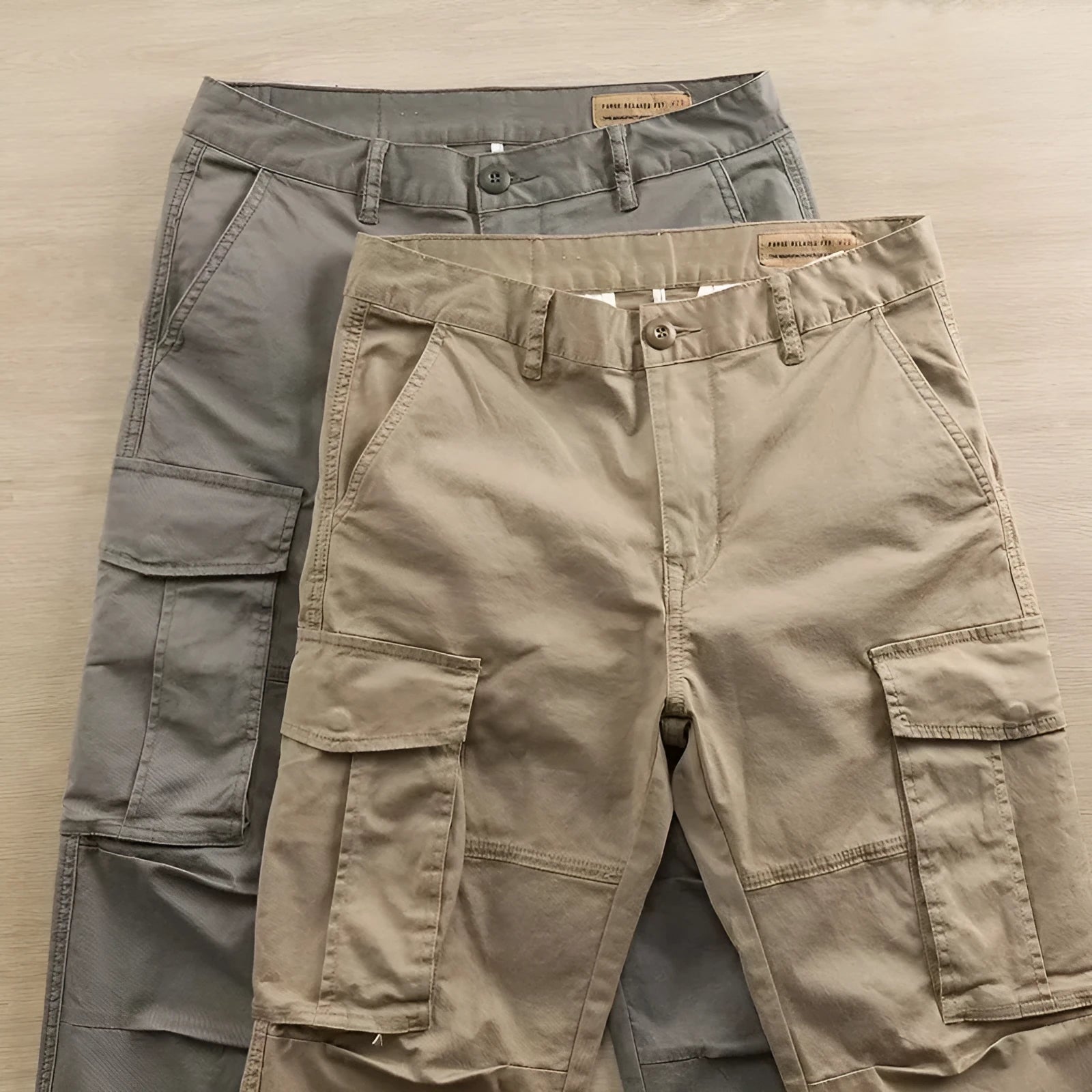 Men's multi-pocket cotton work trousers in cropped length showing cargo pocket design