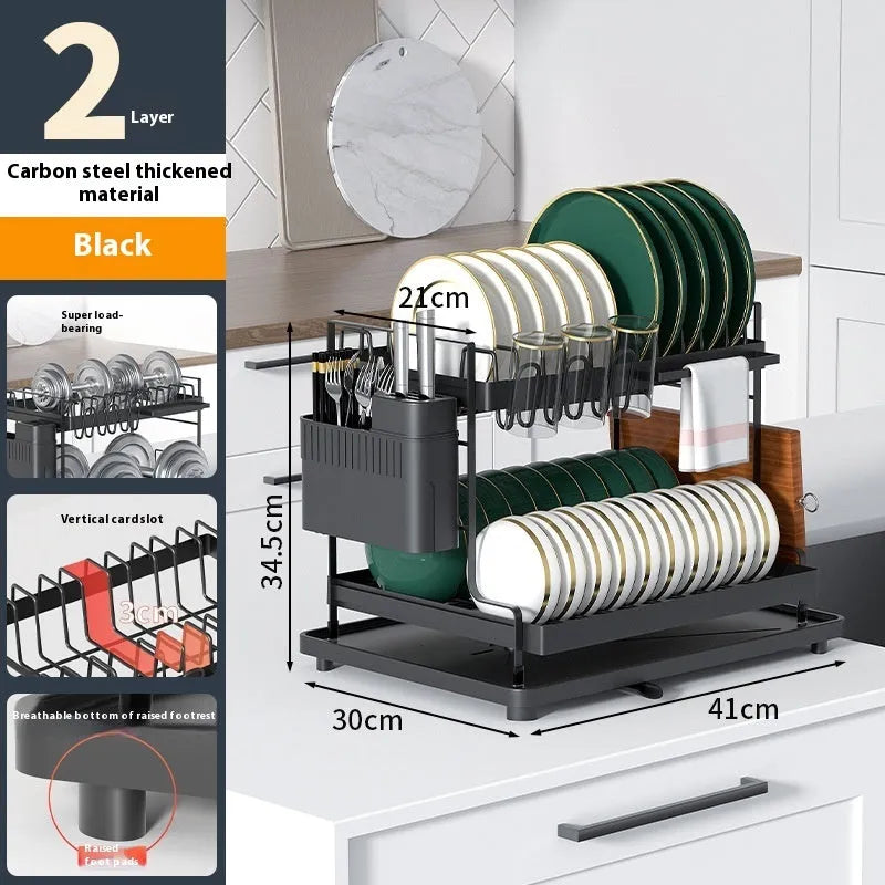 White and black double-layer kitchen storage rack with removable draining function