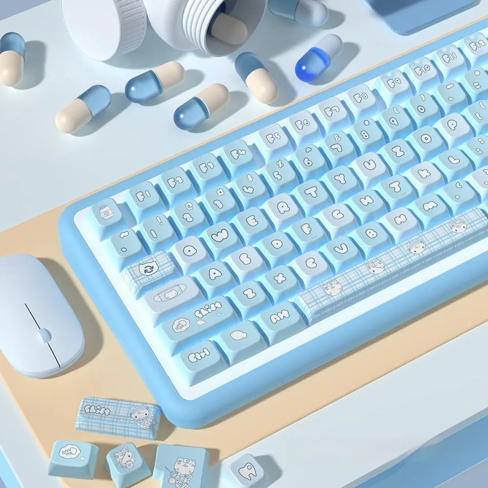 Watercolour cat design PBT keycap set for mechanical keyboards, showing 138 or 158 keys with opaque legends.