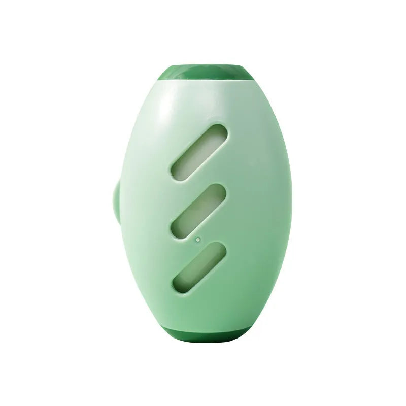 Green washable reusable gel lint roller ball for pet hair removal on a blue sweater.