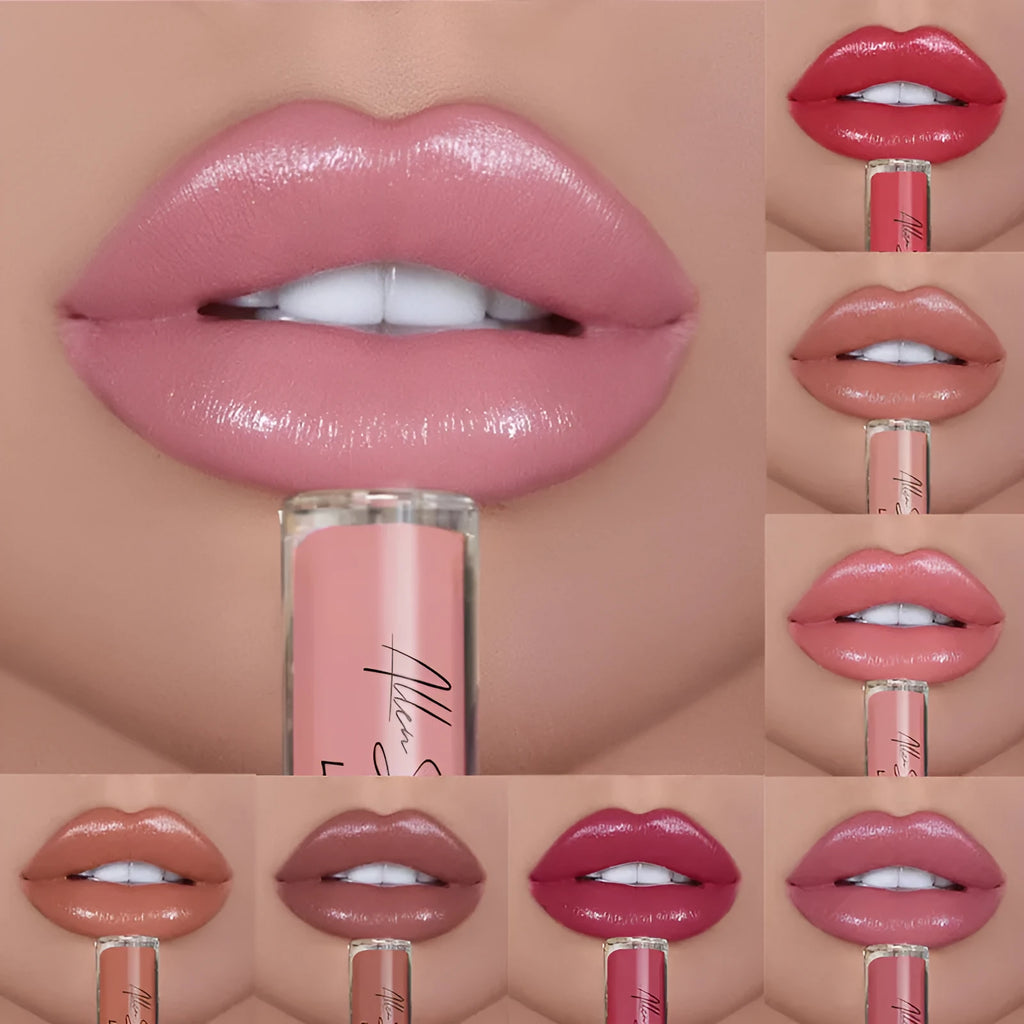 Silky cream texture lip gloss tube showing multiple colour options for the lip glaze.