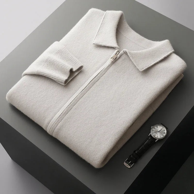 Pure wool men's cardigan in camel with turn-down collar and long sleeves