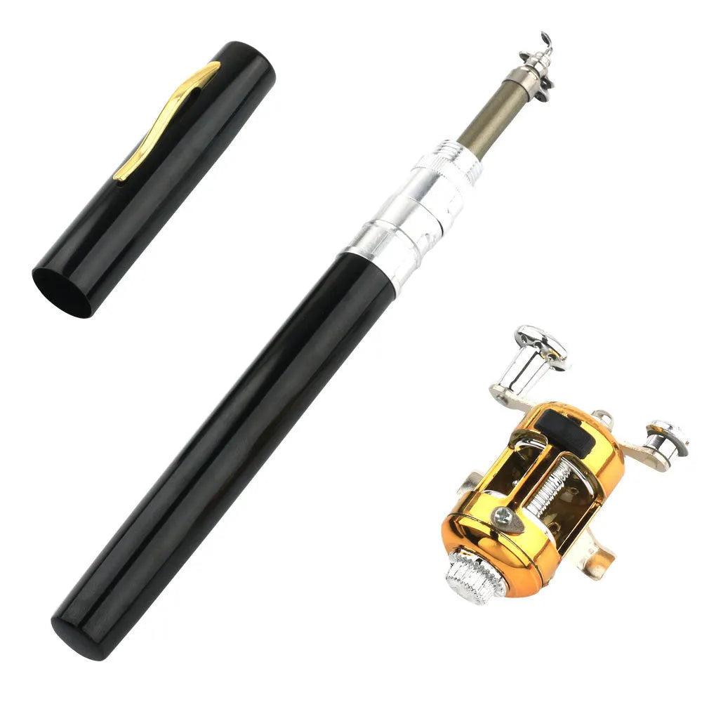 Gold portable telescopic pen fishing rod and reel kit collapsed in aluminium case