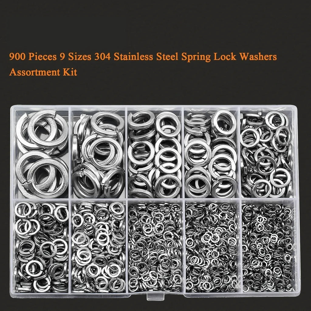 304 stainless steel spring lock washer assortment kit with sizes from M2 to M12 in organised combination box