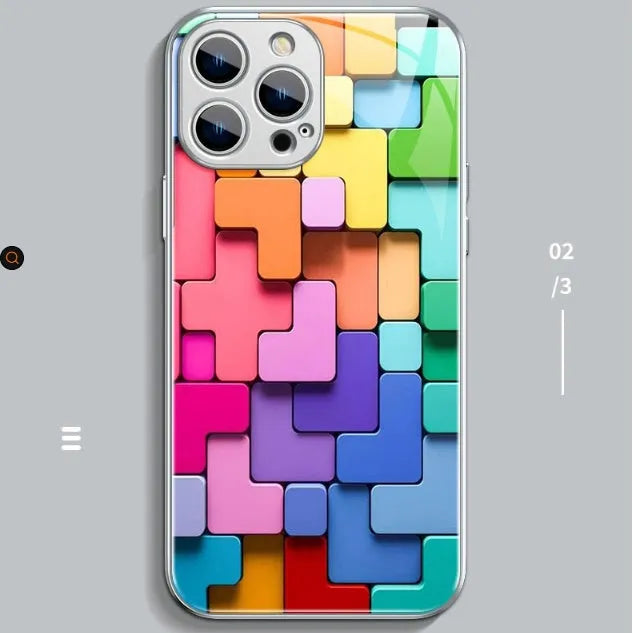 Colourful cartoon geometric building block pattern on a black silicone iPhone back cover case.