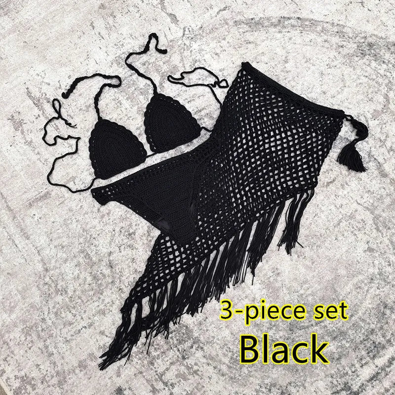 Women's 3-piece bikini set with a handmade crochet cover-up skirt in a solid colour.