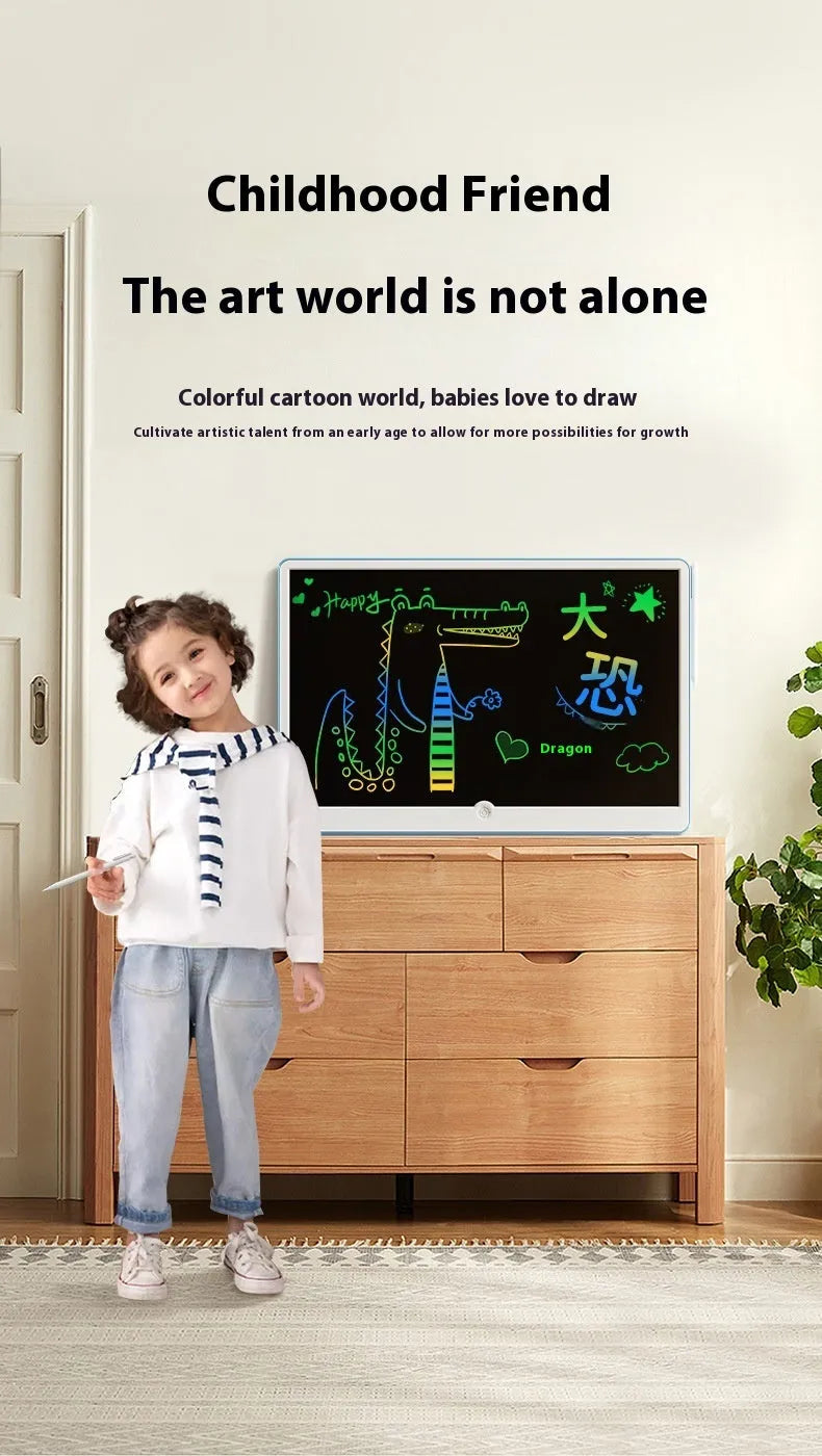 19-inch blue and white LCD children's drawing board showing a child's doodle on screen.