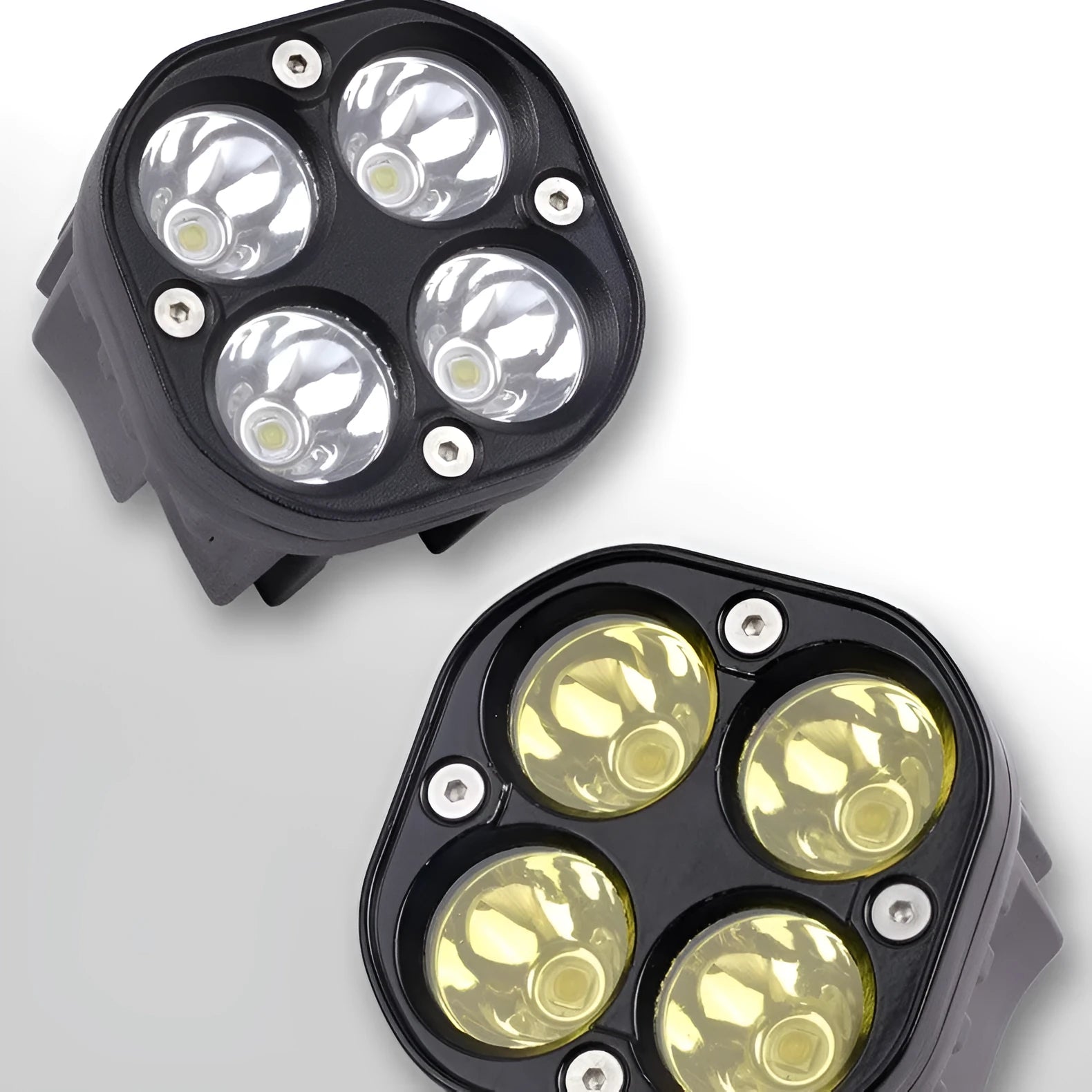 Four-leaf clover style motorcycle spotlight with aluminium base plate.