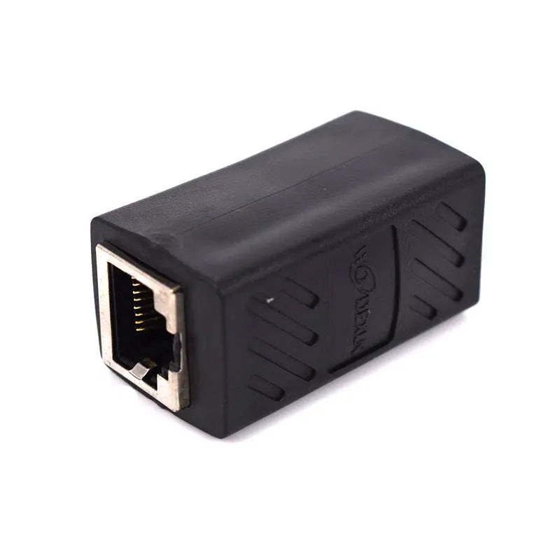Black RJ45 network cable butt joint extender adapter with rotary union connector.