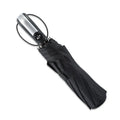 Triple folding automatic black business umbrella with steel ribs and a rubber handle, shown in the open position.