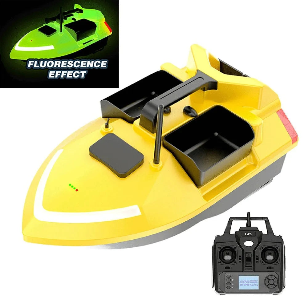 Black remote control fishing boat with GPS antenna on a calm lake, showing remote control.