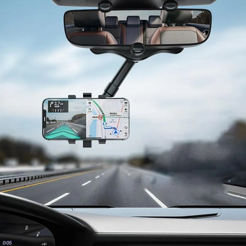 Black rearview mirror car phone holder with 360-degree rotation and retractable arm