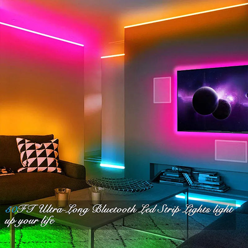 12V RGB LED strip light with Bluetooth remote control showing waterproof and non-waterproof options