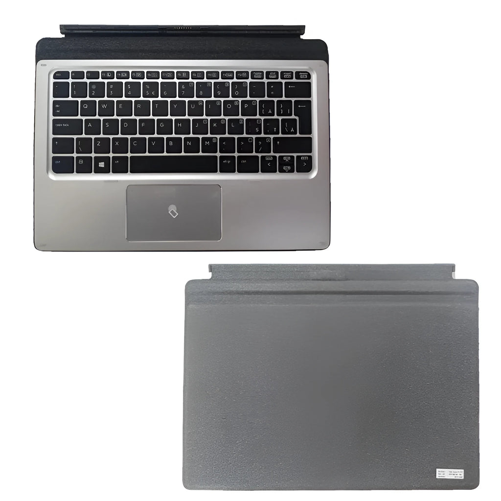 Official HP Elite X2 1012 tablet keyboard base on a desk, showing full keyboard layout and PS/2 connection cable.