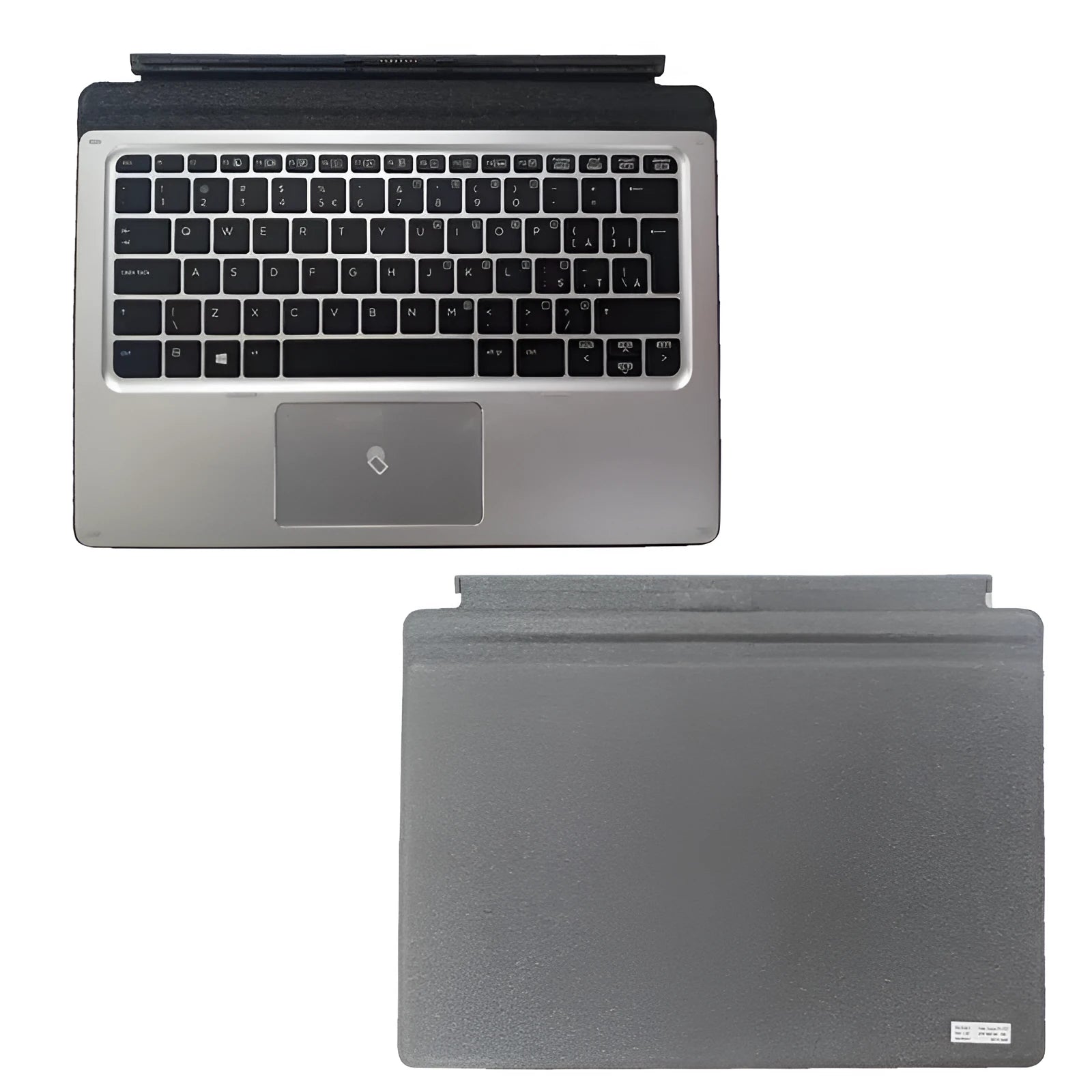 Official HP Elite X2 1012 tablet keyboard base on a desk, showing full keyboard layout and PS/2 connection cable.