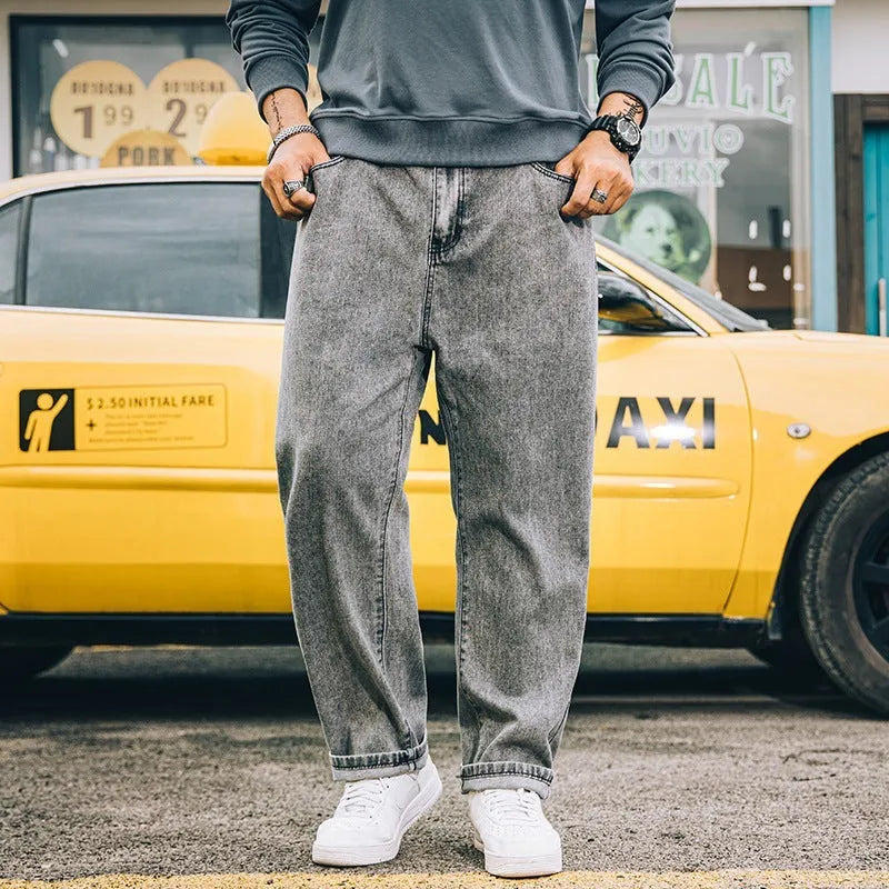 Men's loose straight simple jeans in dark blue cotton with mid waist and zipper fly available in plus sizes