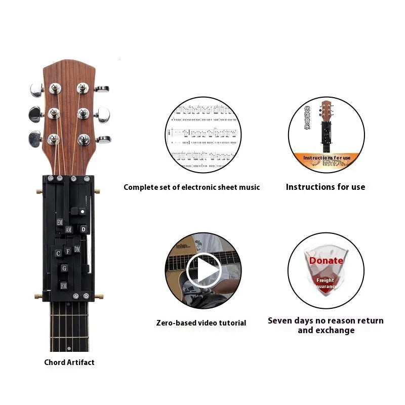 Black automatic chord device for folk guitar practice with two-chord function