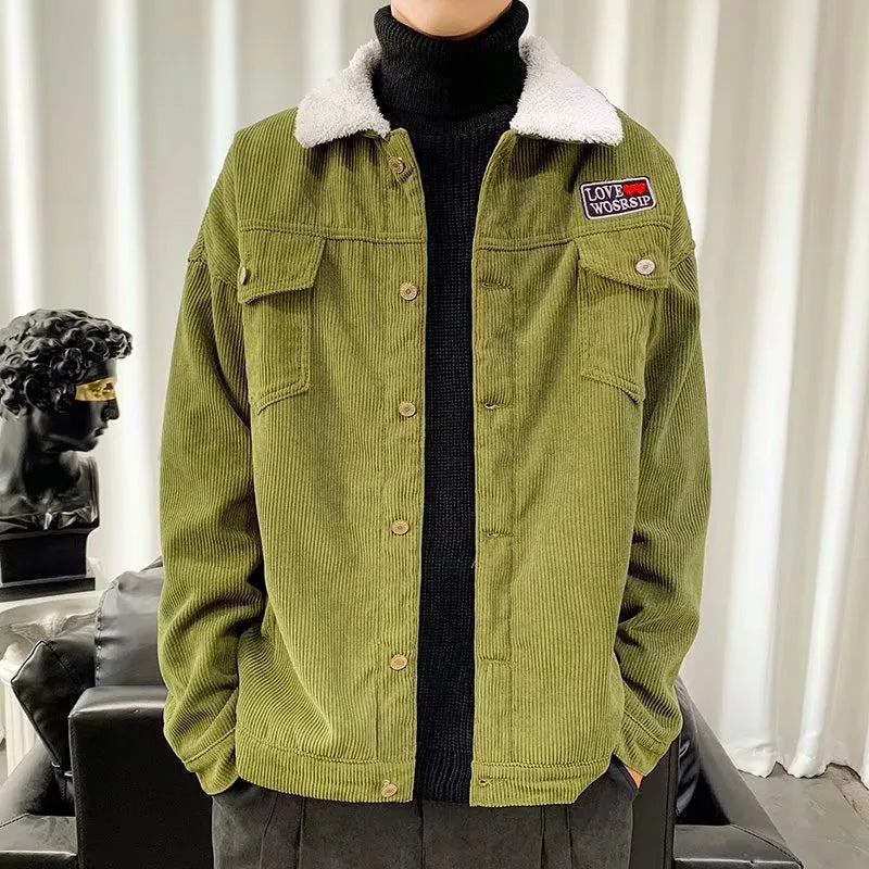 Mens khaki corduroy loose fit workwear jacket with stick pockets
