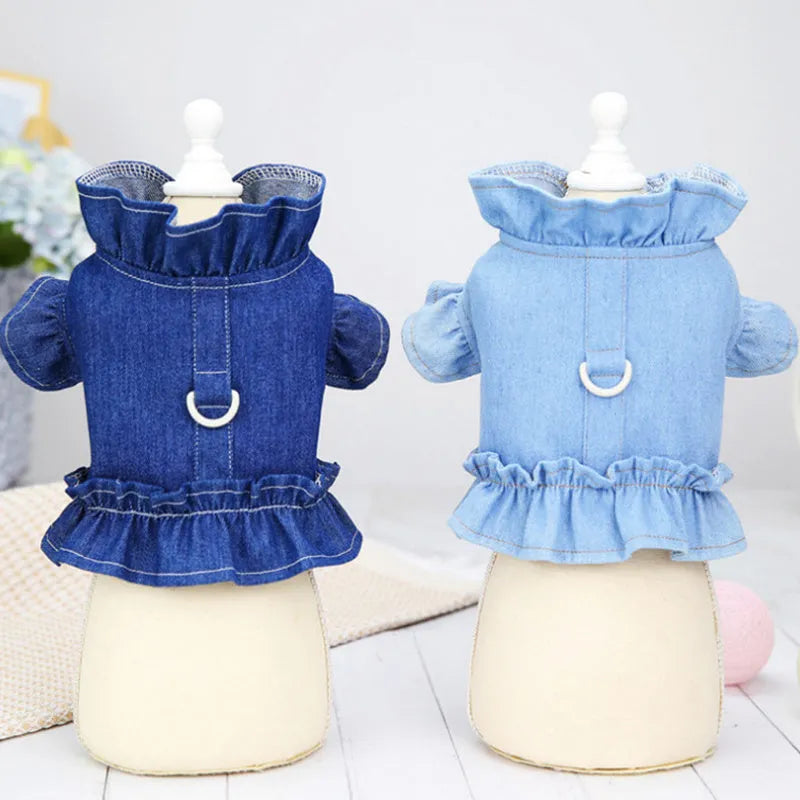Blue denim pet dress with ruffles vest styling and back leash hook for dogs and cats