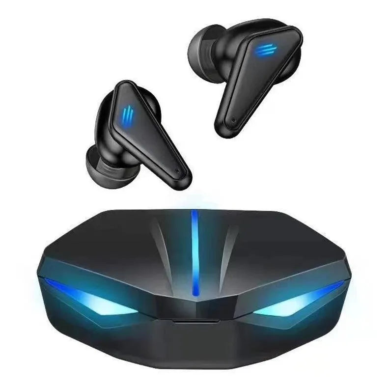 X15 wireless in-ear Bluetooth gaming headphones in black with charging case.