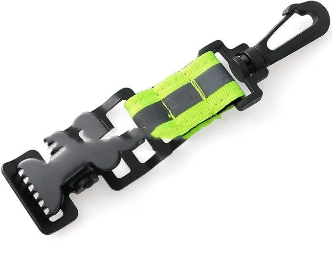 Fluorescent green safety clip with metal buckle and reflective tape for fireman gloves.