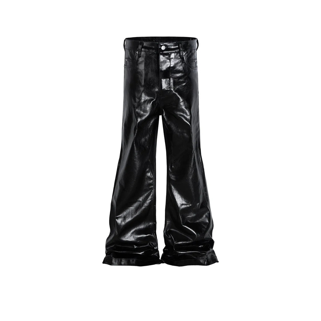 Black coated shiny patent leather skinny jeans in a straight-leg style on a mid waist.
